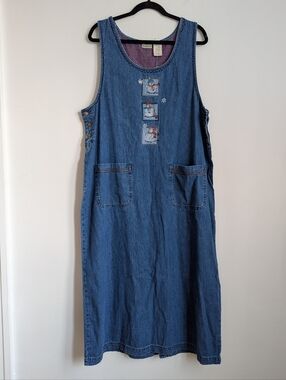 Deadstock Vintage Y2K Denim Overall Jumper Dress with Snowmen Size XL Teacher